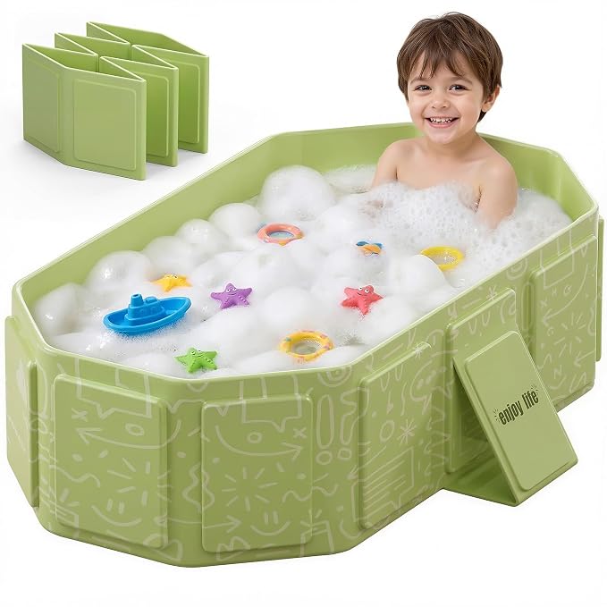 Collapsible Baby Bathtub for Newborn to Toddler, Foldable Toddler Bathtub with Drain Plug, Non-Slip Portable Infant Bath Tub for Travel, Storage & Outdoor Use, Green