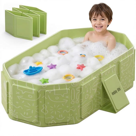 Collapsible Baby Bathtub for Newborn to Toddler, Foldable Toddler Bathtub with Drain Plug, Non-Slip Portable Infant Bath Tub for Travel, Storage & Outdoor Use, Green