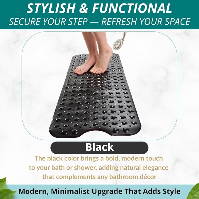 ENKOSI Bath Mat – 40 x 16 Inch Extra Long Non Slip Bathtub Mat – Anti Slip Black Shower Mat with Suction Cups – Bathroom Mat for Tub and Smooth Shower Floors (Black 40x16)