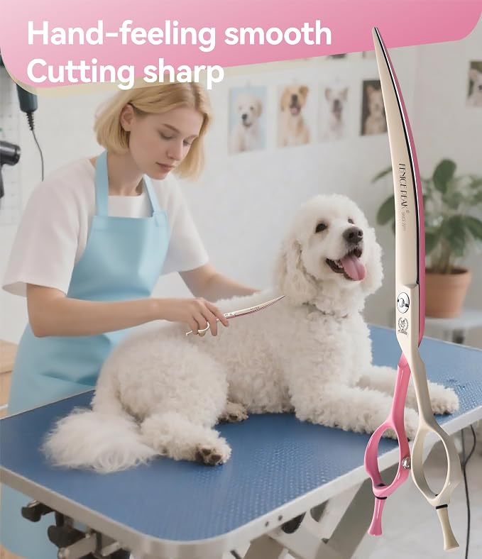 Curved Dog Grooming Scissors with Coating 440C Stainless Steel, 7 inch Professional Curved Shears Dog Grooming，25 Degree of Curved Blade，Pet Shears for Trimming Face and Paws, Pink & White