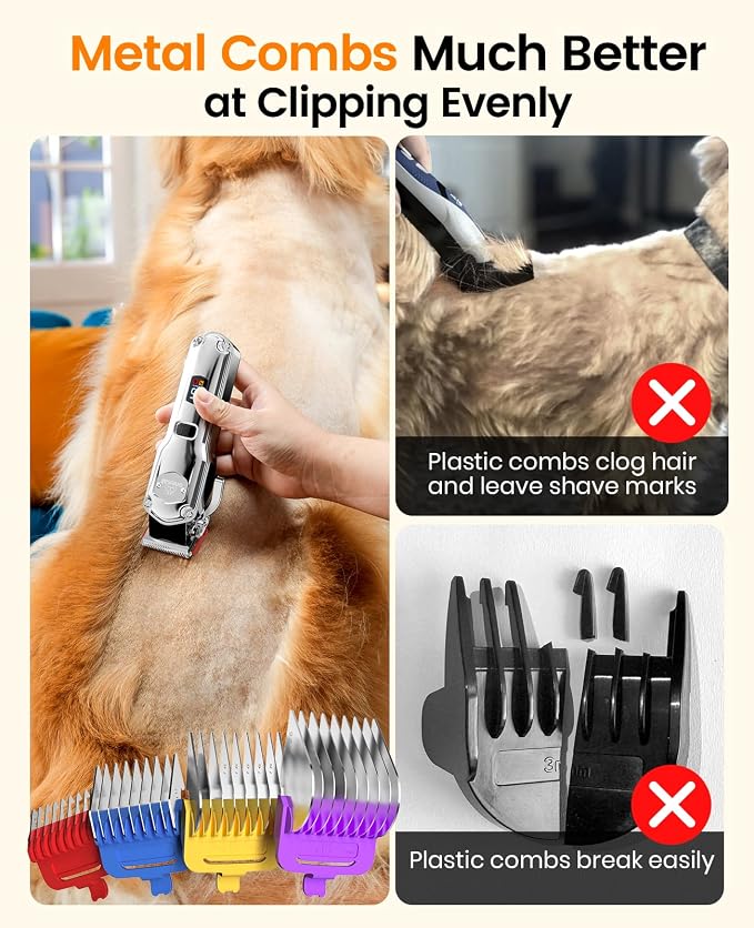 oneisall Professional Dog Grooming Clippers for Thick Hair | 4 Metal Combs,Stainless Steel Blades,Rechargeable Cordless,Low Noise,4H Runtime,IPX7 Waterproof,LED Display,676PRO