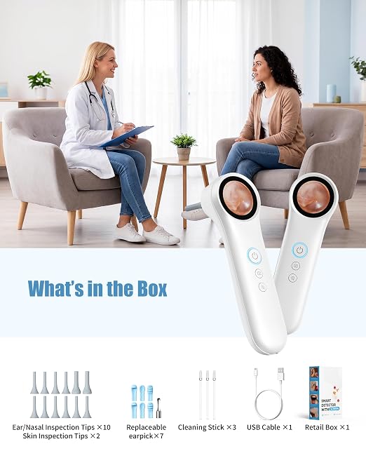 Ear Camera with 1.21” Screen, 1080P HD Digital Otoscope Ear Scope with 4 LED Lights, Skin Inspection Probe, 10 Ear & Nose Tips, 6 Ear Pick Tools, Ear Cleaner for Adults Kids Pets, Type-C