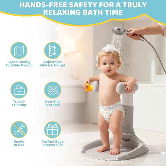4our Kiddies Foldable Baby Shower Standing Support for Toddlers & Infants 8-36 Months, No Setup Anti-Slip Bath Stand Holder, Adjustable Height, Portable Travel & Storage, Easy Clean, Grey