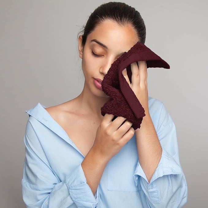 Face Towels Pack of 12 – 100% Cotton Wash Cloths (12x12 inch) – 550 GSM Soft, Quick Dry & Highly Absorbent Ring Spun Cotton Towels for Bathroom, Spa, Gym, Kitchen and for Daily Use - (Burgundy)