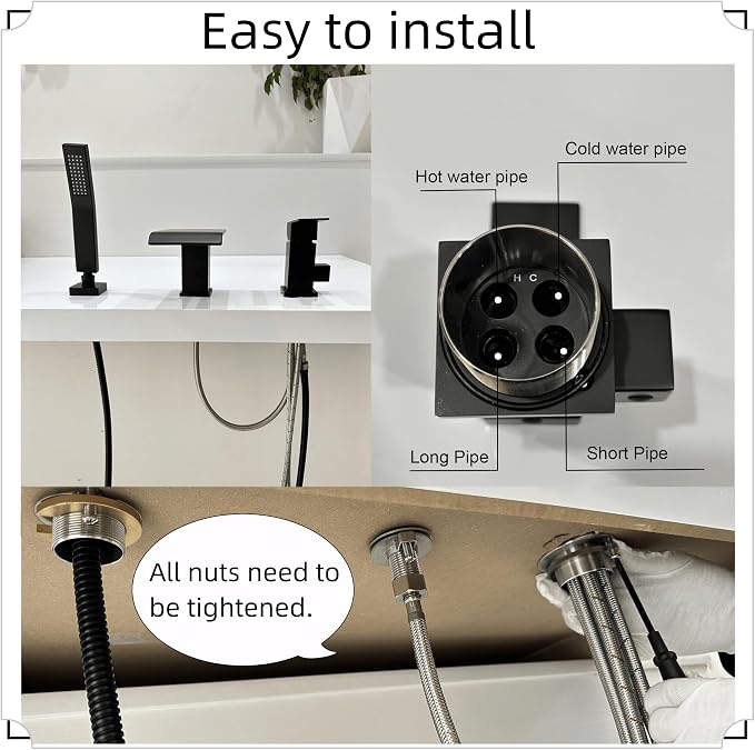 Waterfall Roman Tub Faucet with Hand Shower Matte Black 3 Hole Bathtub Faucet with Sprayer Deck Mount Bath Tub Filler Set