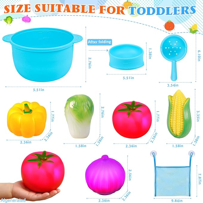 TSDATOWR Light Up Bath Toys, No Hole Vegetable Soup Set for Toddlers | LED Pretend Cooking Playset for Kids Ages 3-5 With Slotted Spoon, Soup Pot and Mesh Bag for Bathtub, Pool, or Beach