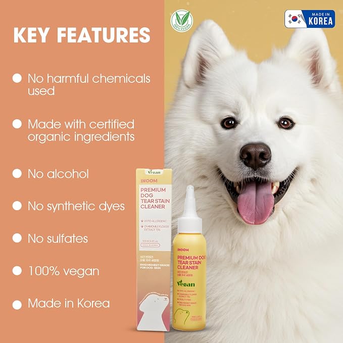 Korean Plant Based Vegan Dog Tear Stain Cleaner 100 ml – Gentle & Effective Eye Stain Remover for Dogs – Non-Irritating Facial Cleanser, with hyaluronic Acid, Cruelty-Free Pet Eye – Made in Korea