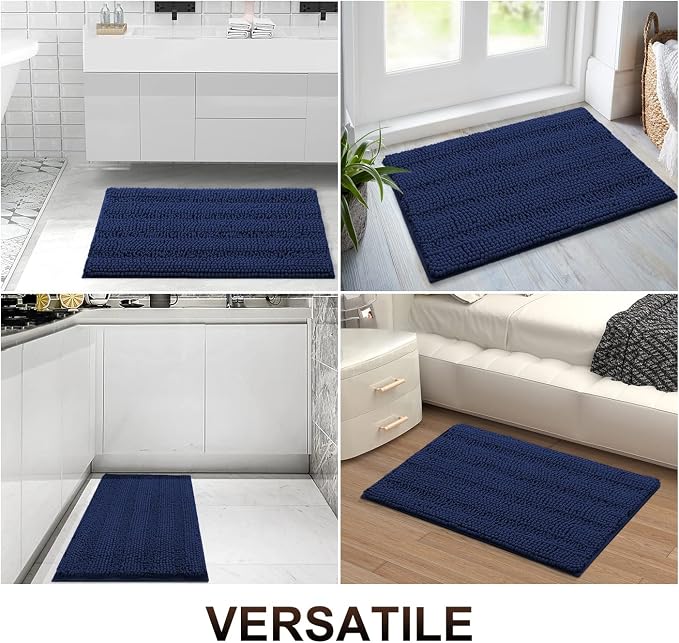 Grandaily Chenille Striped Bathroom Rugs 40x32, Extra Thick and Absorbent Bath Mats, Non-Slip Soft Plush Shaggy Shower Carpet, Machine Wash Dry, Bath Rug for Bathroom, Navy