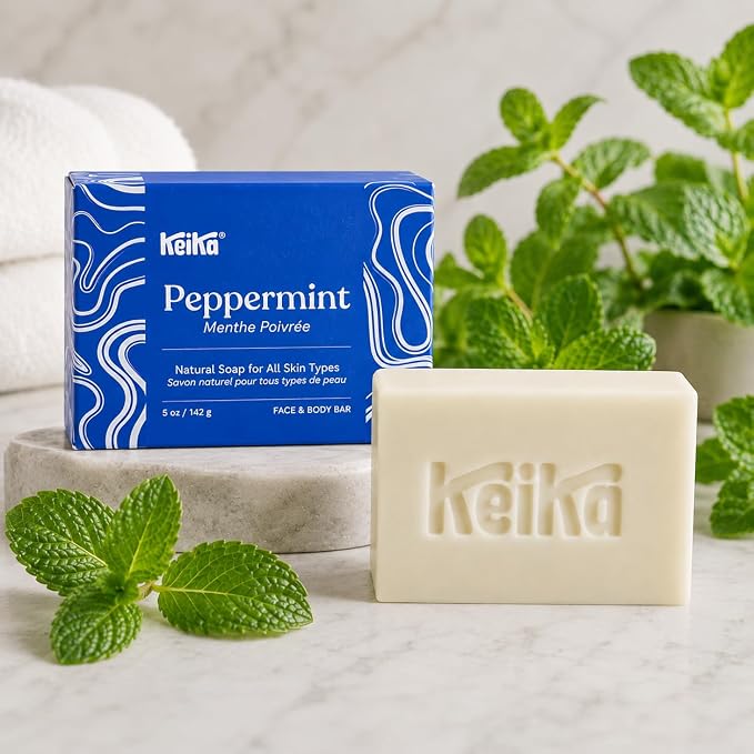 Keika Peppermint Soap Bar for Face & Body, Natural Cooling Spa Bath & Shower Cleanser, 5 oz.