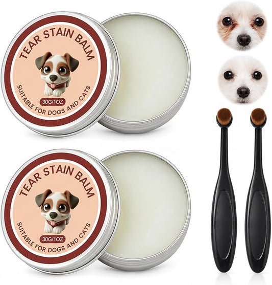 2Pcs Tear Stain Remover Balm for Dogs & Cats with Pro Powder Brush, Gently Removes Eye Gunk & Stains – Great for White Dogs, Daily Eye Cleaning, Mild Formula