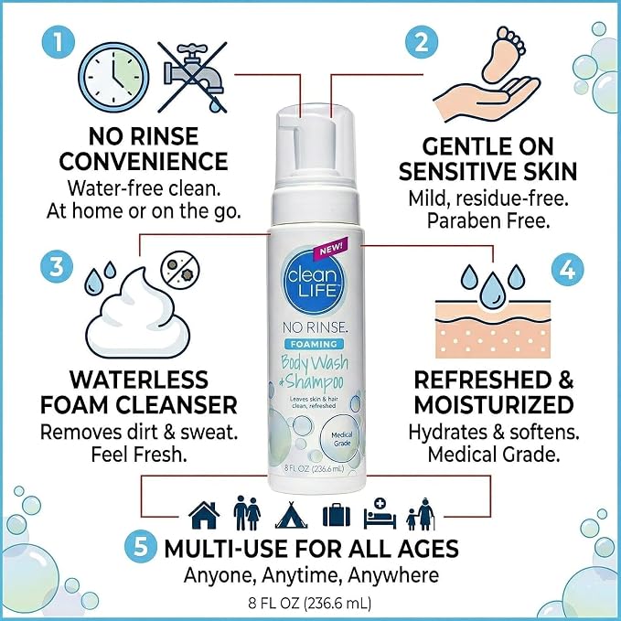 No-Rinse Foaming Body Wash - Waterless Foam Cleanser for Elderly, Adults, Kids, Infants & Caregiver - Rinse Free for Sensitive Skin - Travel Size- Refreshed & Moisturized Skin - 8 fl oz (Pack of 3)