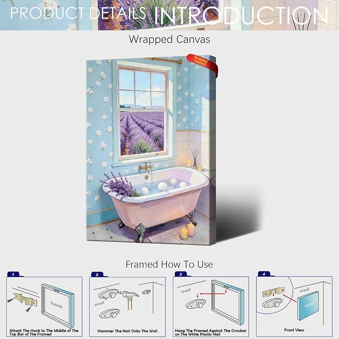 Lavender Field Bathroom Wall Art Serene Pink Clawfoot Tub Poster Floral Farmhouse Spa Oil Painting Print Aesthetic Wall Decor for Powder Room Apartment 16X24 in Wrapped Framed
