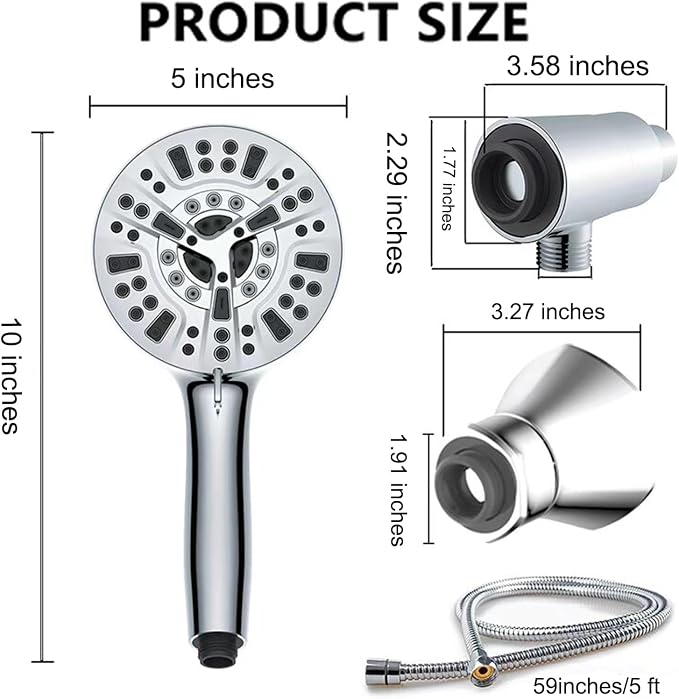 High Pressure Shower Head with Magnetic Back Fixed Base Design,Handheld Showerhead with Hose Set Stainless Steel 59 inches/5 ft 10-Setting 5 inches Large Face,Chrome Finish (Dual Magnetic)