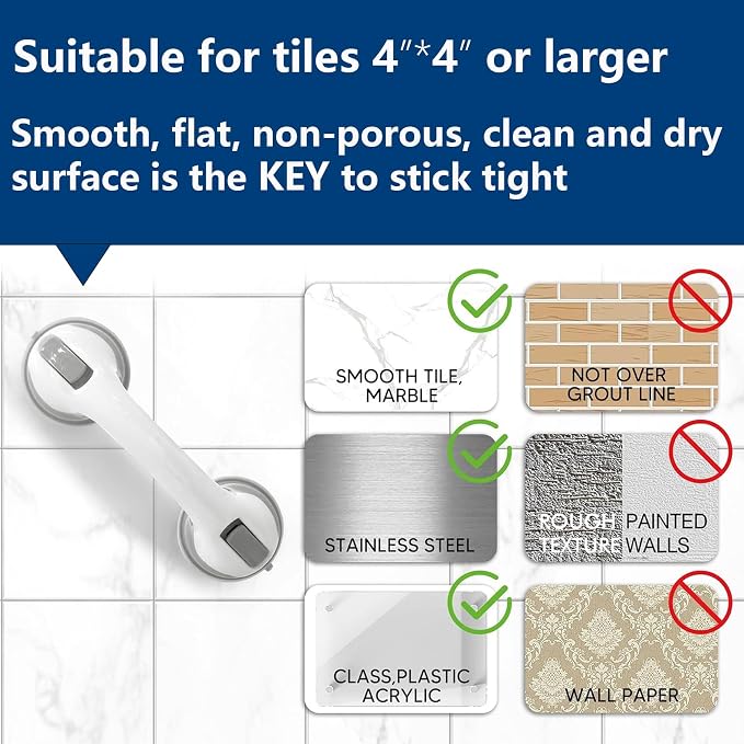 Grab Bars for Showers and Bathtubs 2 Pack, 12 Inch, Yenisyea | Suction Cup Shower Handles for Elderly and Seniors, Heavy Duty Shower Safety Bars for Bathroom Removable No Drill