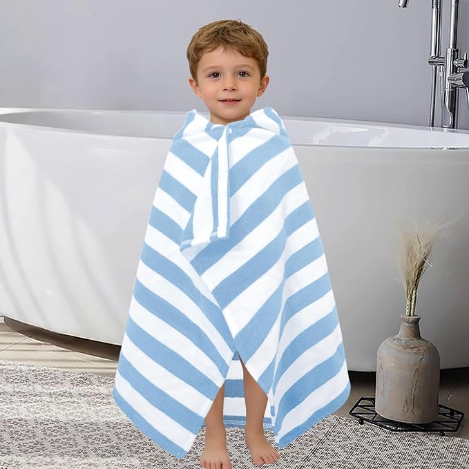 VOOVA & MOVAS Hooded Bath Towels for Toddler 0-3T, 25''X40, Soft | Thick | 100% Cotton | Absorbent Towel Wrap for Baby Boy, Perfect for Beach, Pool, Bath, Swimming,Light Blue Stripe