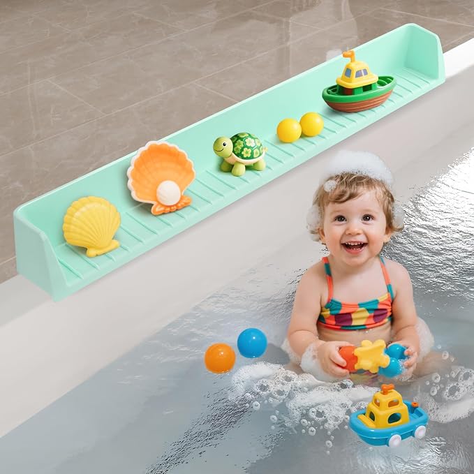 31.5" Bathtub Splash Guard for Tub Kids, Silicone Splash Shield with 11 Suction Cups, Toy Tray Shelf, No Spill Water Barrier, Prevents Mess, Fun Bathtime for Toddlers Baby–Green
