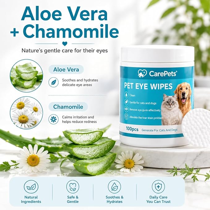 Eye Wipes, 100 Count Pet Tear Stain Cleaning Pads for Dogs and Cats, Gentle Textured Eye Area Wipes with Aloe Vera and Chamomile, Fragrance Free (3) | Gentle Textured Eye Wipes