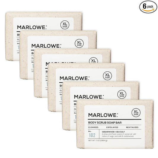 MARLOWE. Body Scrub Soap, Exfoliating Soap Bar, Cedarwood, 7 oz (6 Bars) | Scrub Soap Bar that deeply cleanses and exfoliates while buffing away rough, dry skin. Cedarwood + Sea Salt scent.
