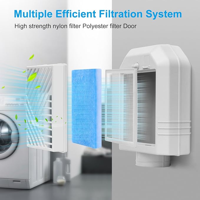 Indoor Dryer Vent Kit, Indoor Dryer Vent Box with Polyester Dryer Filter x4, Upgraded Patented Safety Reminder to Eiminate Lint, Indoor Dryer Vent Kit for Electric Dryer Save Energy