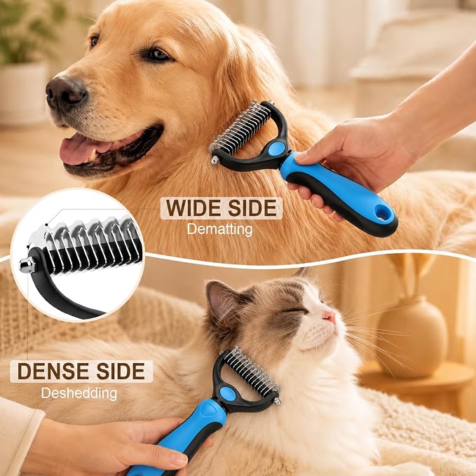 Dematting Comb for Dogs and Cats, Pet Grooming Rake, Double Sided Deshedding Brush for Dogs & Cats, Deshedding Dog Brush Removes Tangles Knots and Loose Fur for Long Haired Pets (Blue+pink)