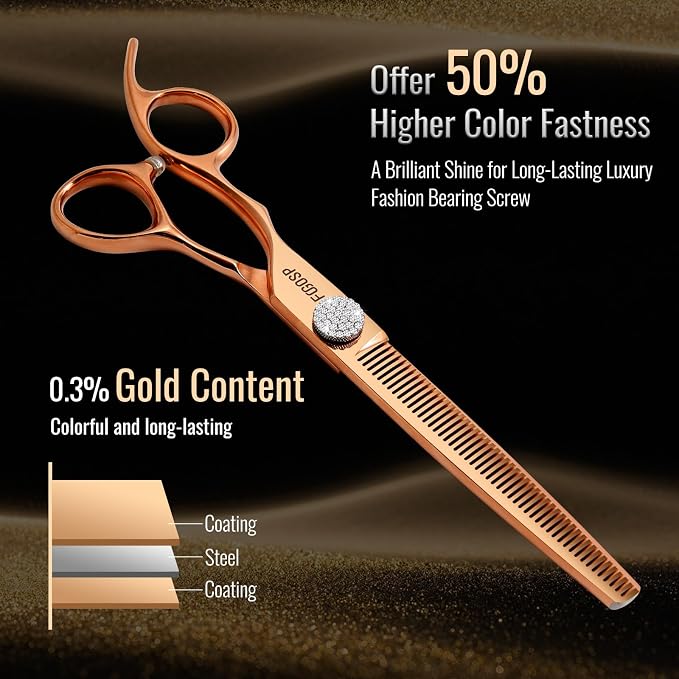 Lefty Thinning Shears for Dogs 49 Teeth 7'' Rose Gold Titanium Professional Blending Thinner Scissors for Dogs Cats Pet Japan 440C Sharp Left Handed(7,Thinner)