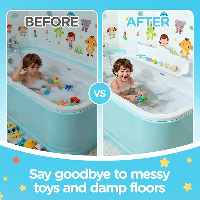 3FT Dolphin Pattern Bathtub Splash Guard Play Shelf for the Wide &Straight Bathtub Edge Toy Tray Caddy Holder Storage Suction Cups Attach to Bath Tub No Mess Water Spill in Bathroom (White)