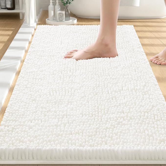 Smiry Luxury Chenille Bathroom Rugs 30x20, Extra Soft and Absorbent Shaggy Bath Mat, Machine Washable, Non-Slip Plush Carpet Runner for Tub, Shower, and Floor, Home Decor Accessories, Ivory