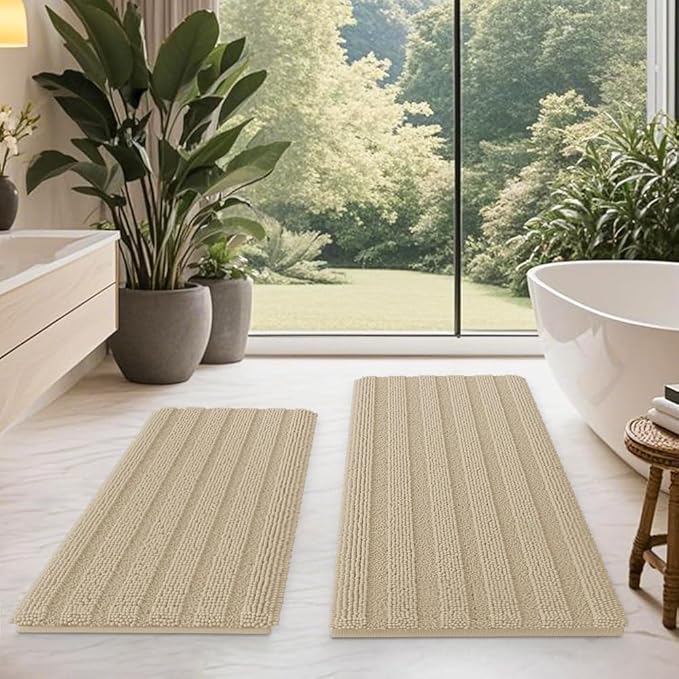 ACCUMTEK Striped Beige Bathroom Rug Mat Set 2 piece 32"x20"+24"x17" Ultra Soft, Non Slip Chenille Bath Rugs, Absorbent Plush Shaggy Bath Mats for Bathroom, Bedroom, Kitchen, Shower, Tub
