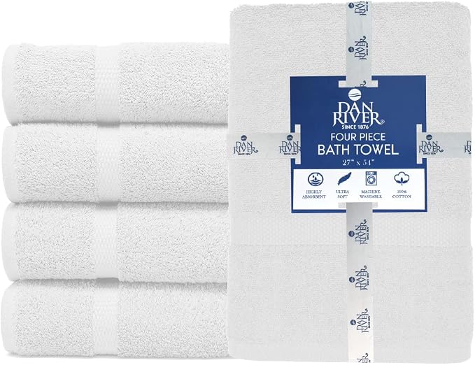 DAN RIVER White Large Bath Towels Set of 4, 27 x 54 Inches, 600 GSM Larger & Lighter Weight Towels for Bathroom - Highly Absorbent & Quick Dry 100% Cotton Bath Towel Set for Home, Gym, Spa & Hotel
