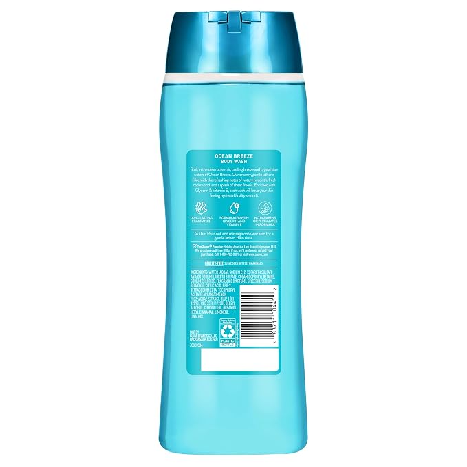 Suave Ocean Breeze Moisturizing Body Wash with Glycerin & Vitamin E, Hydrating Formula For Soft, Smooth Skin, Long Lasting Fragrance, 18 FL OZ, 6 Count