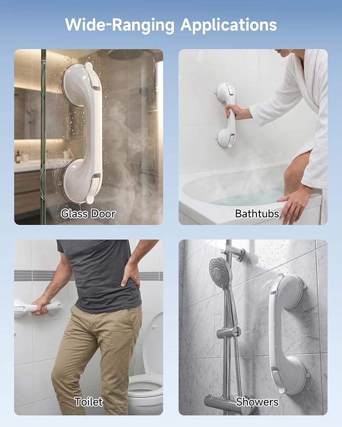 Shower Grab Bars for Shower and Bathtubs, 2 Pack Suction Shower Handle for Elderly, Suction Cup Removable Handrails Safety Grip, Heavy Duty and No Drilling, 12 in - White