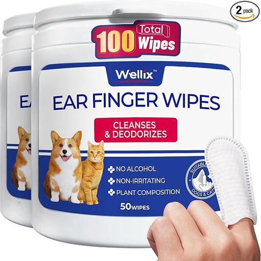 Wellix Pet Ear Cleaner Wipes for Dogs&Cats (100count) - Pure Chamomile Honeysuckle Dog Cleaning Finger Wipes - Natural Treatment for Itch Relief and Ear Infections - 2 Packs
