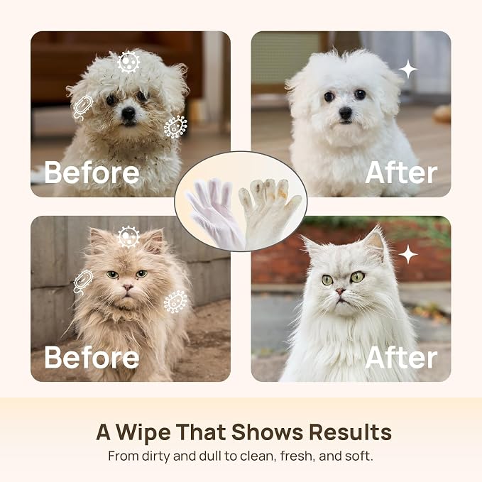 HICC PET Cleaning Deodorizing Glove Wipes for Dogs & Cats, Hypoallergenic Hydrating & Nourish Fur Pet Grooming Glove Wipes, Pet Bathing Wipes for Horse Coat Care, 20pcs Rose Scent