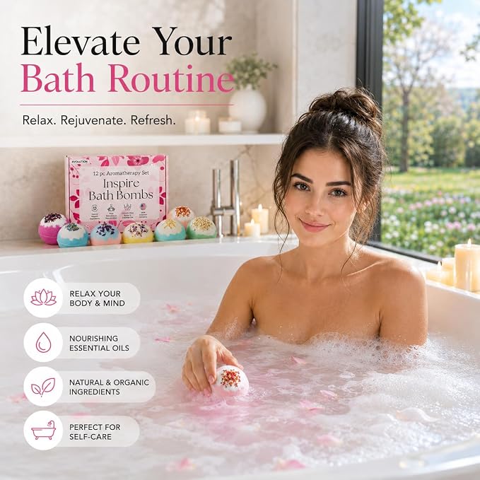 EvolutionUSA 12 Inspire Bath Bombs for Women & Girls – Flower Topped Bath Bombs Girls, Fun Bathbombs Set, Organic Bath Fizzers, Luxury Gift for Mothers Day, Birthday, Christmas, Easter or Self Care