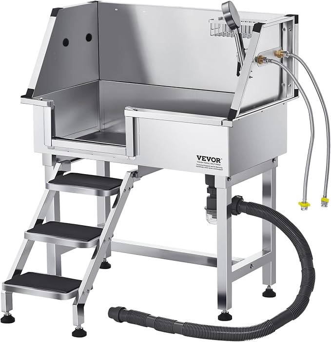 VEVOR Professional Dog Washing Station, 34 Inch Stainless Steel Pet Grooming Tub with Hot Cold Faucet, Adjustable Showerhead, Non-Slip Stairs & Side Sink, for Small to Medium Dogs and Cats (Left Door)