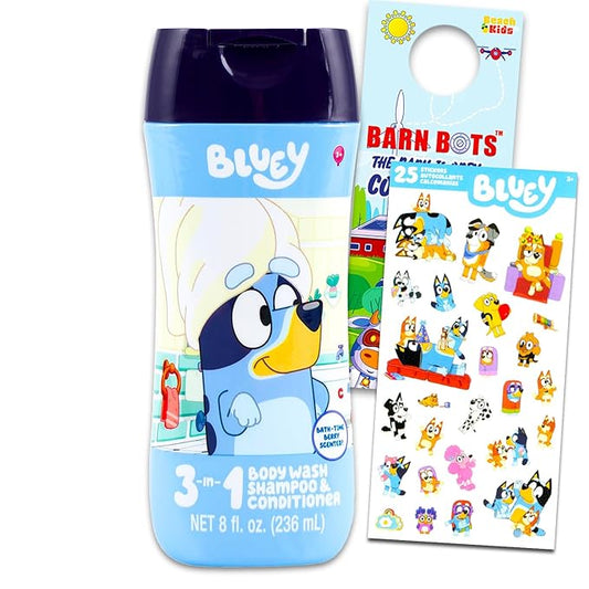 Bluey Kids Shampoo, Conditioner, Body Wash 8 Oz Bottle - Bundle with 3-in-1 Berry Scented Body Wash, Shampoo & Conditioner Plus Stickers | Bluey Bathroom Set