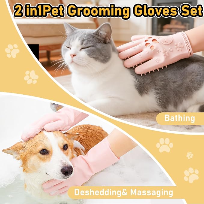 Hair Removal Glove & Pet Grooming Gloves 2 Pair, Upgrated Silicone Pet Hair Remover Gloves Shedding Glove for Long & Short Hair, Bath Grooming Glove with Gentle Brush for Horse Sensitive Pets, Pink