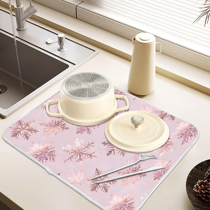 Rose Gold Snowflake Dish Drying Mat, Absorbent Drainer Mats for Kitchen Counter Coffee Maker 24"x18"