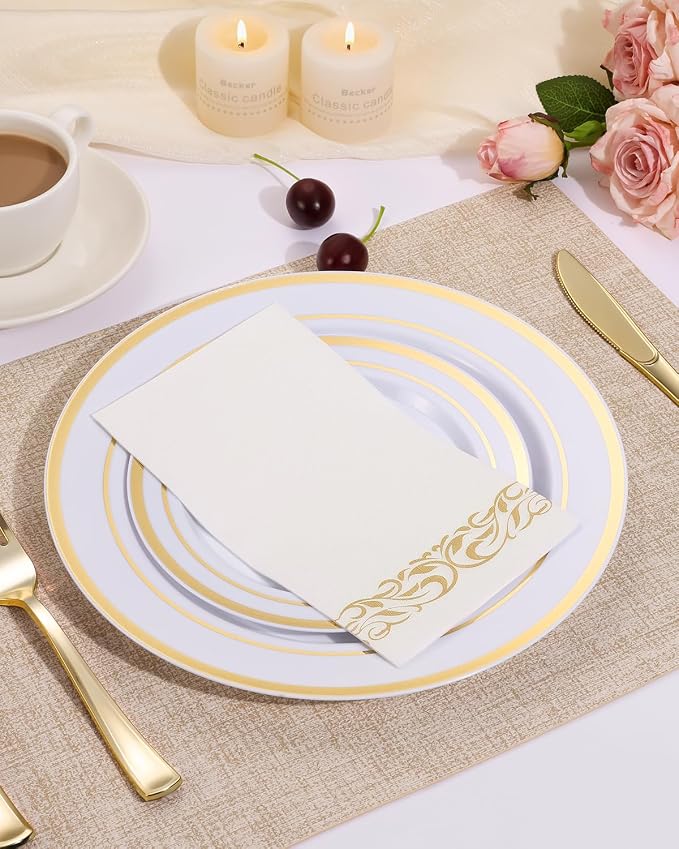 Goodluck 600 Pack 3-Ply Disposable Napkins - Soft & Absorbent Paper Hand Towels for Bathroom Guests, Dinner Party, Kitchen, Christmas, Wedding & Events, Parties - Floral Gold Trim
