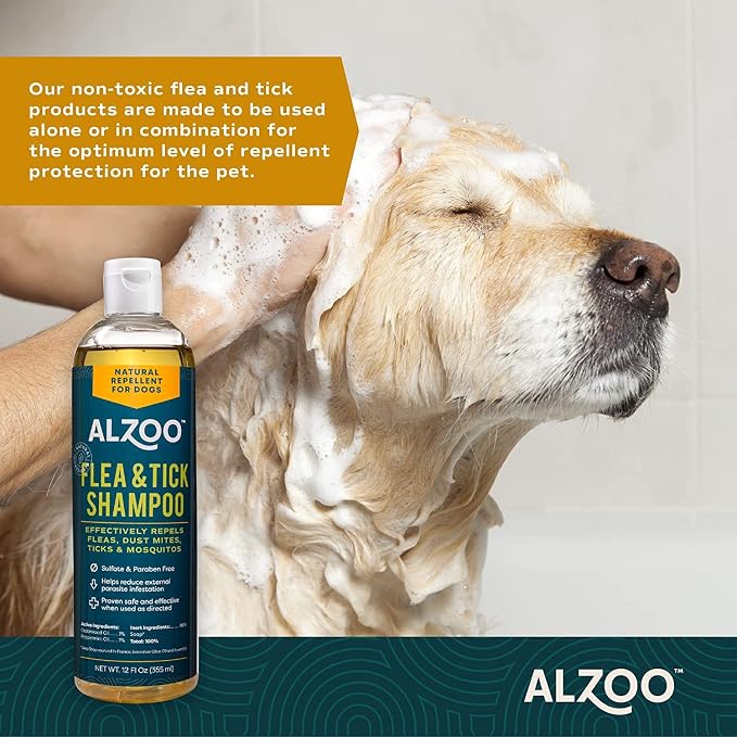 ALZOO Plant Based Flea and Tick Repellent Shampoo for Dogs, Effectively Repels Fleas, Ticks & Mosquitos, Plant-Based Active Ingredients, Sulfate & Paraben-Free, 12 Fl. Oz.