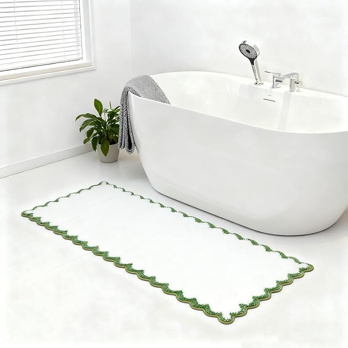 ORTIGIA Long Cute Scalloped Bathroom Rugs Runner, Fun Green Plush Microfiber Scallop Bath Mats Non Slip Washable Quick Dry Absorbent, Rug Carpet for Bathtub Sink Laundry Room Bedroom, 24x59