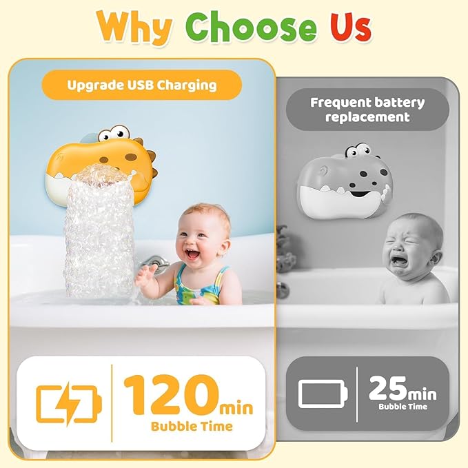Baby Bath Toys, Rechargeable Dinosaur Bath Bubble Machine with Music, Bathtime Bathtub Toys for Toddlers Birthday Easter Gifts, Bubble Maker Toys for Kids Ages 1-3 4-8 Baby Gifts (Yellow)