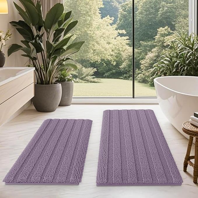 ACCUMTEK Striped Lavender Bathroom Rug Mat Set 2 piece 32"x20"+24"x17" Ultra Soft, Non Slip Chenille Bath Rugs, Absorbent Plush Shaggy Bath Mats for Bathroom, Bedroom, Kitchen, Shower, Tub