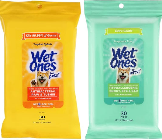 Wet Ones for Pets Paw & Tushie Dog Wipes with Chamomile, Tropical Splash, 30 ct Pouch + Extra Gentle Dog Wipes with Witch Hazel, Fragrance-Free, Snout, Eye & Ear Areas, 30 ct