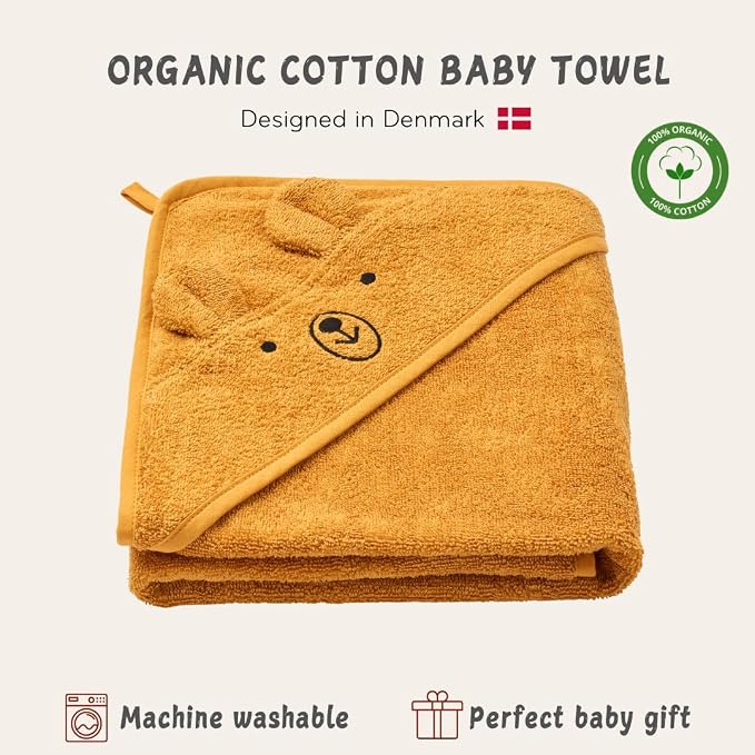 Hooded Baby Towel – 100% Organic Cotton Baby Bath Towels – Baby Boy and Girl Newborn Essentials - Super-Soft and Absorbent. (Bear - Autumn Yellov)