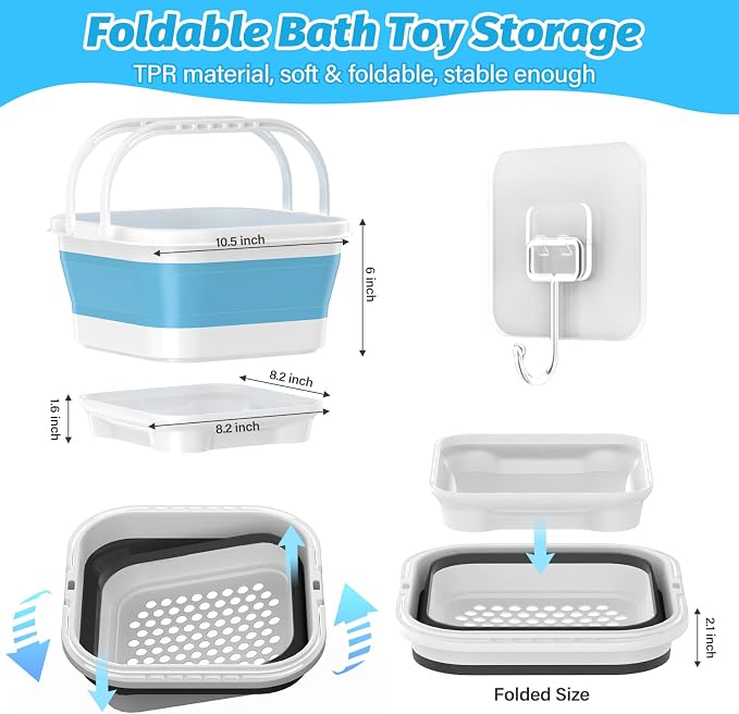 Anivia Foldable Bath Toy Storage Organizer with Removable Base, Quick-Drain-Drying Bathtub Toy Holder Basket for Kids, Blue