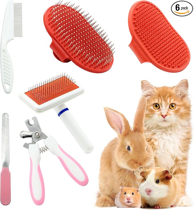 Cat Grooming Kit Set with Pet Shedding Slicker Brush Nail Clipper Trimmer Pet Massage Bath Glove Flea Comb for Bunny Puppy Kitten Guinea Pig Chinchilla Ferret Small Animals (Red, Pink)