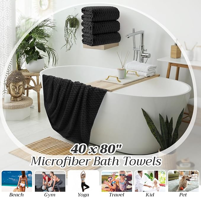 Peryiter 4 Pcs Oversized Bath Towels 40'' x 80'' Black Extra Large Microfiber Bath Sheet Jumbo Big Coral Velvet Highly Absorbent Bathroom Towels for Adult Body Beach Home