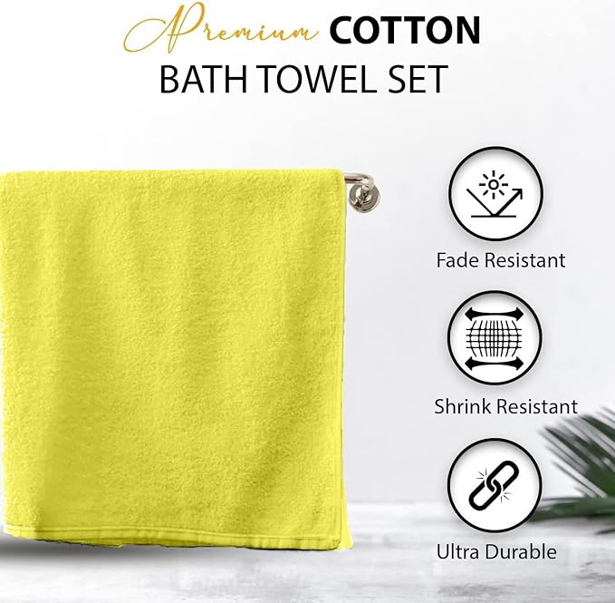 KAHAF COLLECTION 100% Cotton Bath Towels, 24x48 Pack of 6 Towels, Quick Dry, Highly Absorbent, Soft Feel Towel, Gym, Spa, Bathroom, Shower, Pool, Luxury Soft Towels (Yellow, 24x48-6 Pack)