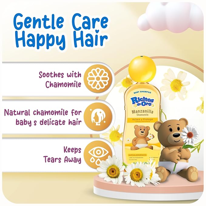 Ricitos de Oro Baby Shampoo with Chamomile – Gentle and Tear-Free Formula for Babies and Kids,Natural Lightening-and Soft Conditioning Hair Care,Paraben-Free,Safe Daily Use,8.4 fl oz,(Pack of 6)